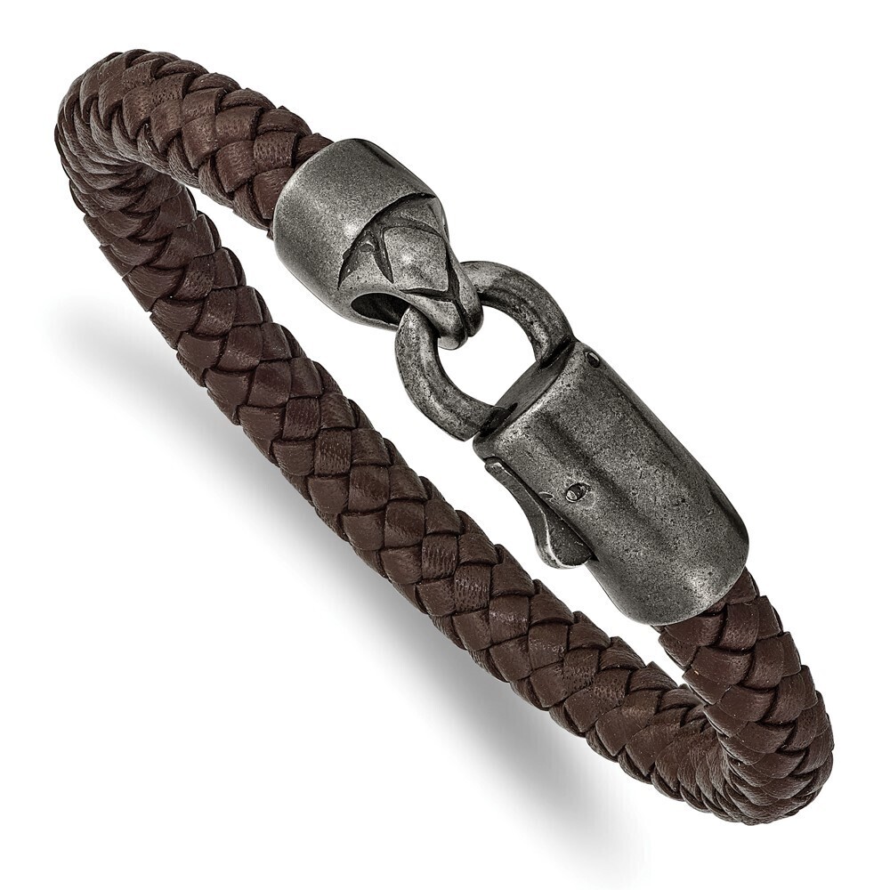 Steel Antiqued White Bronze-plated Brown Braided Leather 8.25in Bracelet
